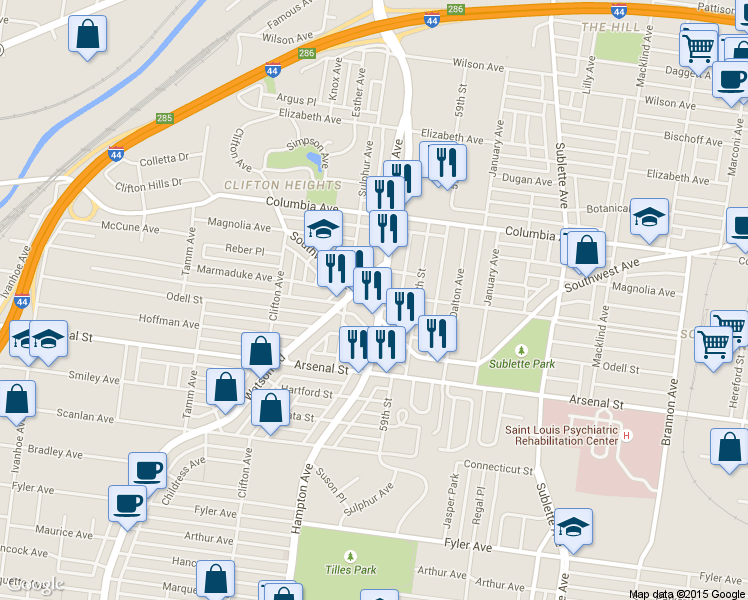 map of restaurants, bars, coffee shops, grocery stores, and more near in St. Louis