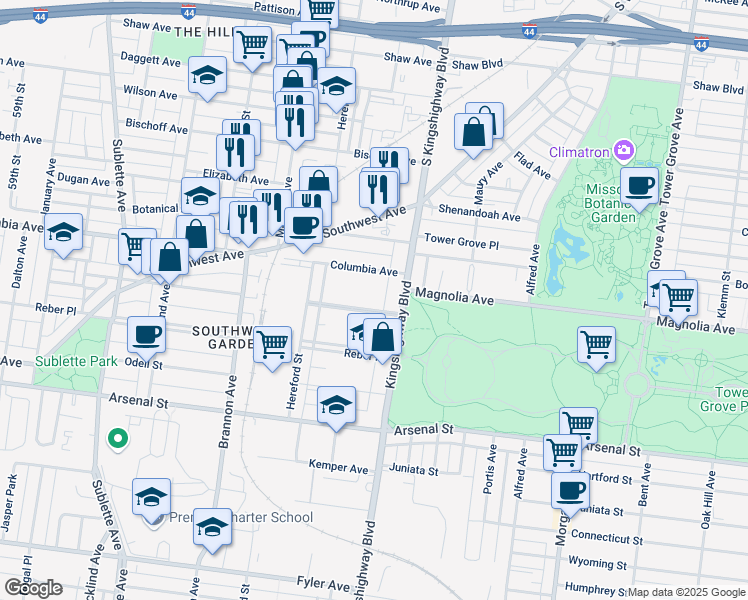 map of restaurants, bars, coffee shops, grocery stores, and more near 4944 Columbia Avenue in St. Louis