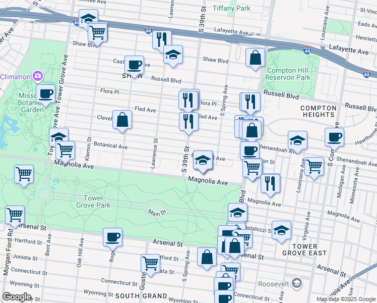 map of restaurants, bars, coffee shops, grocery stores, and more near 3867 Botanical Avenue in St. Louis