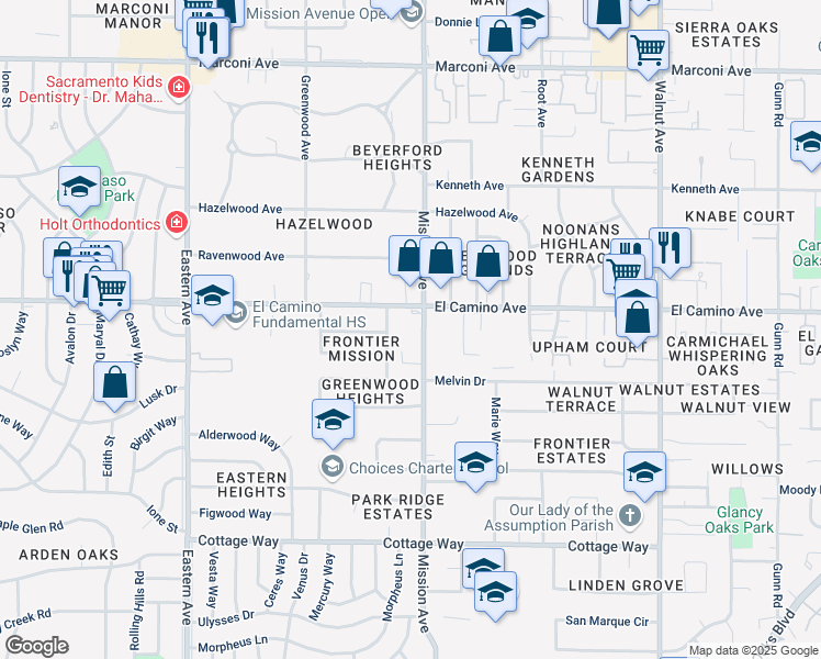 map of restaurants, bars, coffee shops, grocery stores, and more near 4616 El Camino Avenue in Sacramento