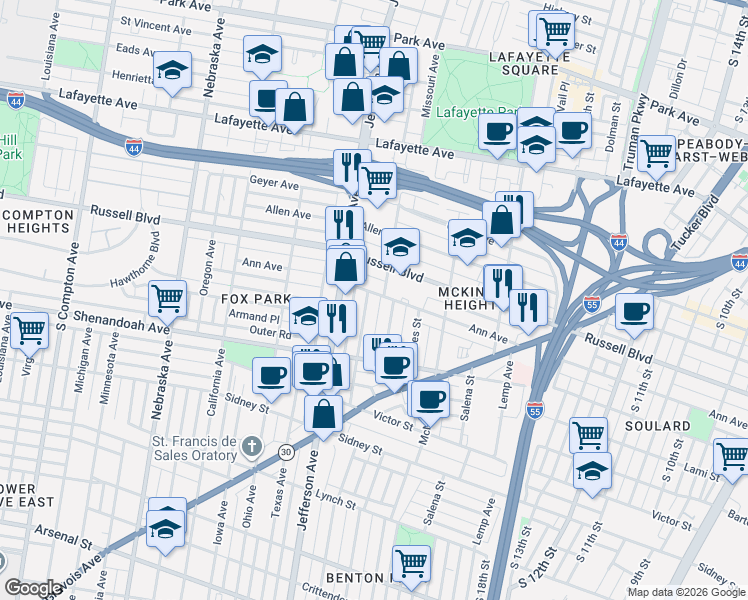 map of restaurants, bars, coffee shops, grocery stores, and more near 2311 Ann Avenue in St. Louis