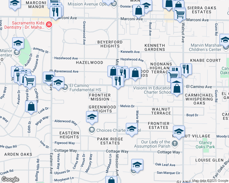 map of restaurants, bars, coffee shops, grocery stores, and more near 2443 Mission Avenue in Carmichael