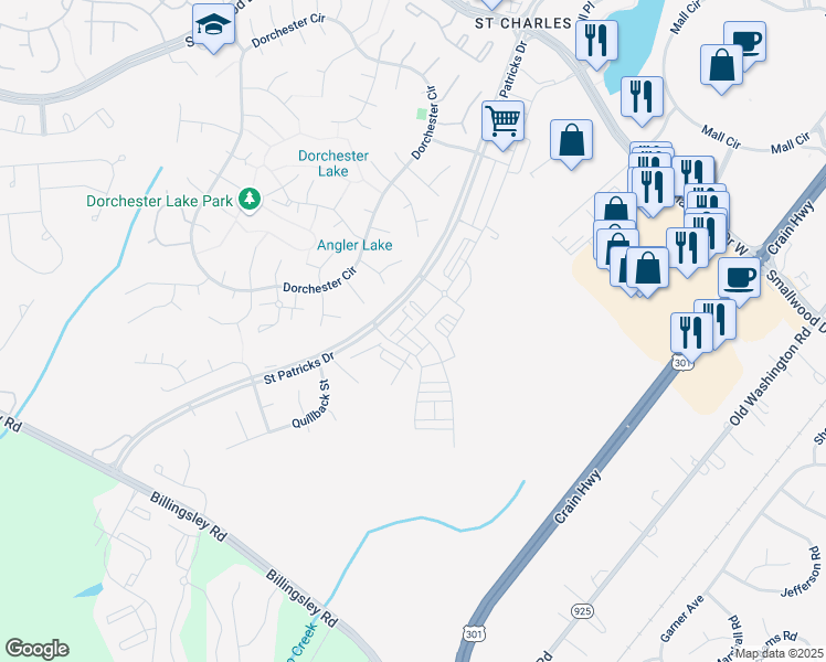 map of restaurants, bars, coffee shops, grocery stores, and more near 3561 Malvern Street in Waldorf