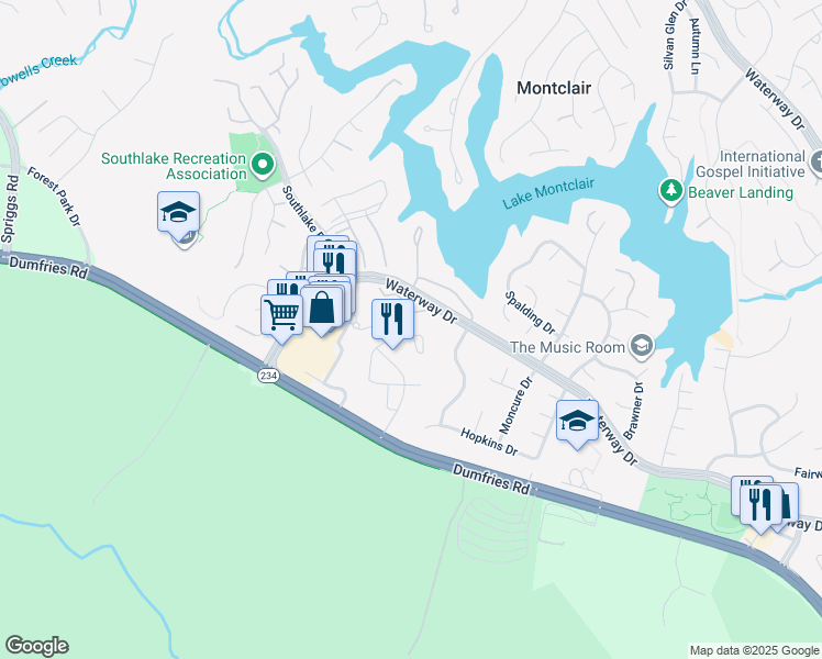 map of restaurants, bars, coffee shops, grocery stores, and more near 4869 Benecia Lane in Dumfries