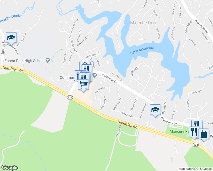 map of restaurants, bars, coffee shops, grocery stores, and more near 4869 Benecia Lane in Dumfries