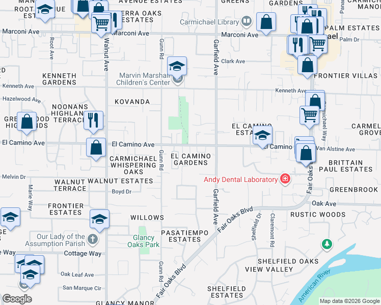 map of restaurants, bars, coffee shops, grocery stores, and more near 5325 El Camino Avenue in Carmichael