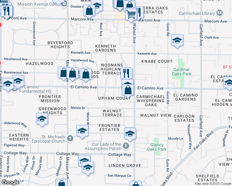 map of restaurants, bars, coffee shops, grocery stores, and more near 4990 El Camino Avenue in Carmichael