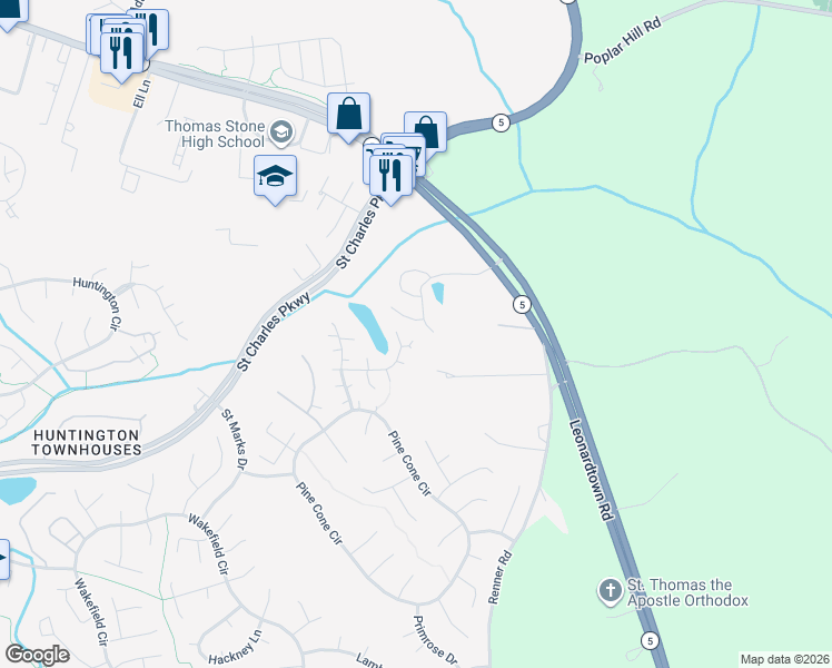 map of restaurants, bars, coffee shops, grocery stores, and more near 3455 Zinnia Place in Waldorf