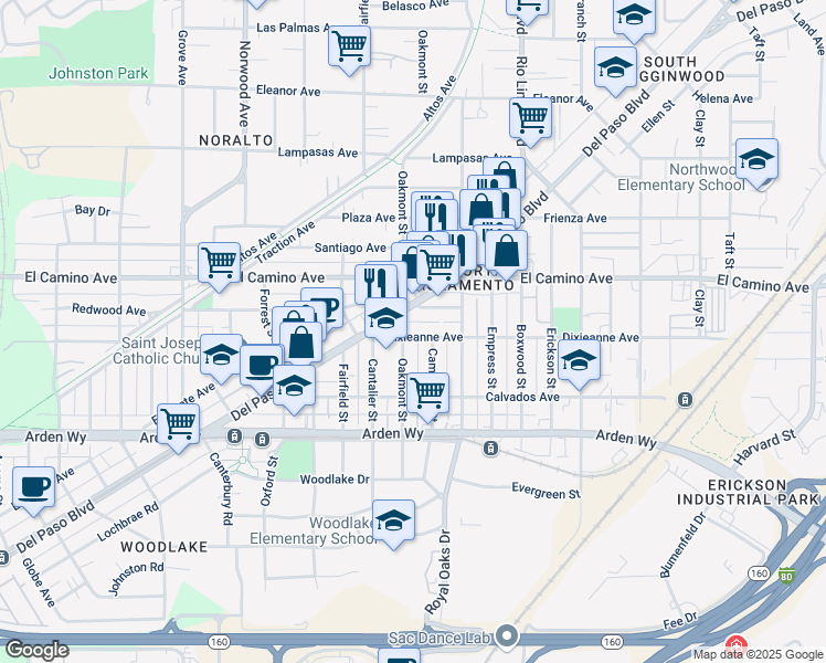 map of restaurants, bars, coffee shops, grocery stores, and more near 2200 Del Paso Boulevard in Sacramento