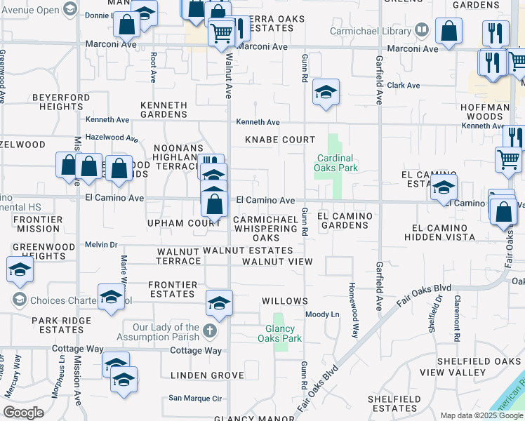 map of restaurants, bars, coffee shops, grocery stores, and more near 5143 El Camino Avenue in Carmichael
