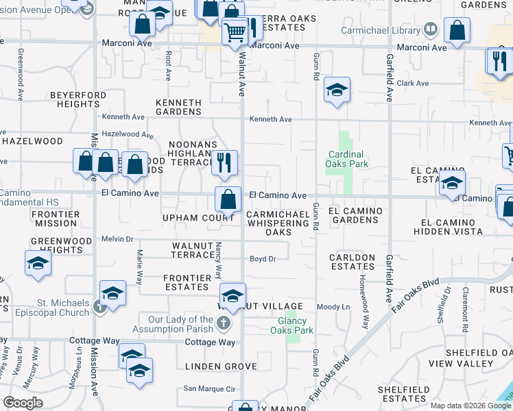 map of restaurants, bars, coffee shops, grocery stores, and more near in Carmichael