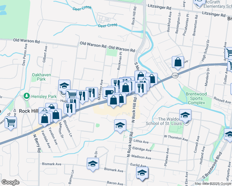 map of restaurants, bars, coffee shops, grocery stores, and more near 9604 Rockman Court in St. Louis