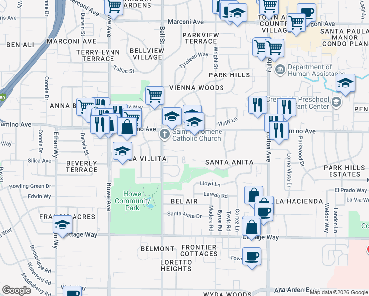 map of restaurants, bars, coffee shops, grocery stores, and more near 2360 El Camino Avenue in Sacramento