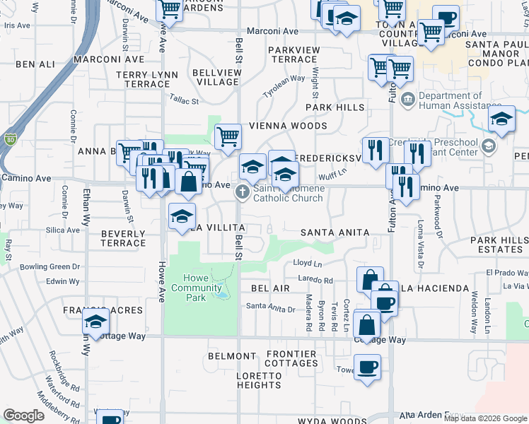 map of restaurants, bars, coffee shops, grocery stores, and more near 2360 El Camino Avenue in Sacramento
