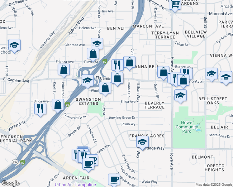 map of restaurants, bars, coffee shops, grocery stores, and more near 2416 Albatross Way in Sacramento