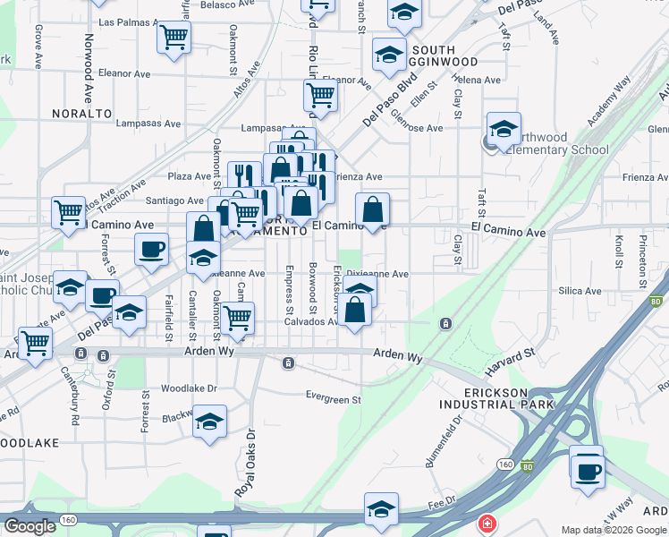 map of restaurants, bars, coffee shops, grocery stores, and more near 951 Dixieanne Avenue in Sacramento