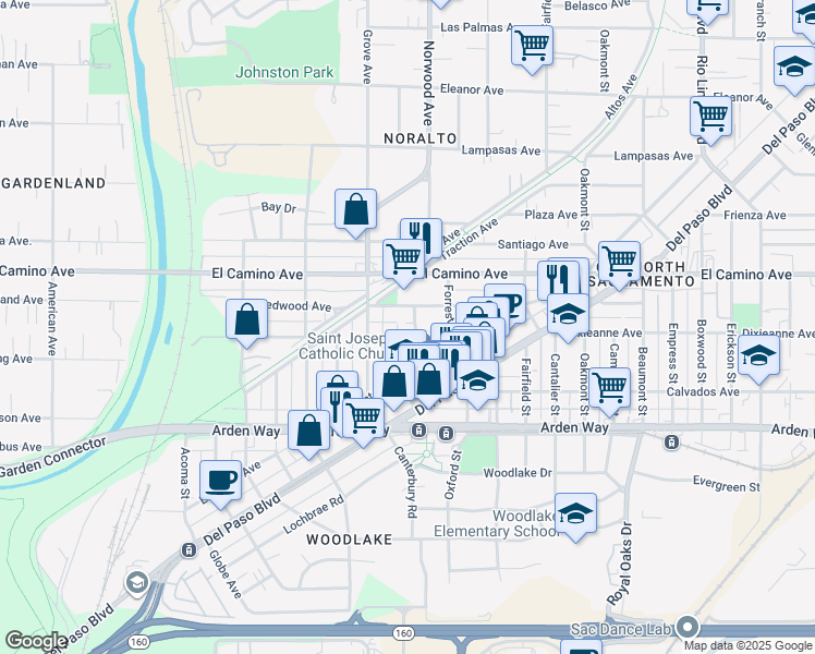 map of restaurants, bars, coffee shops, grocery stores, and more near 374 Redwood Avenue in Sacramento