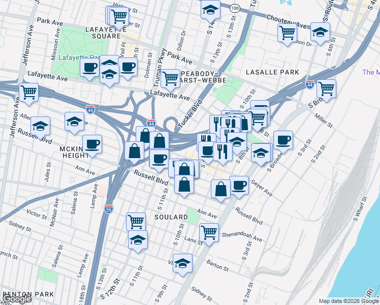map of restaurants, bars, coffee shops, grocery stores, and more near 1851R Menard Street in St. Louis