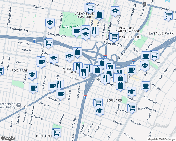 map of restaurants, bars, coffee shops, grocery stores, and more near 1809 Allen Avenue in St. Louis