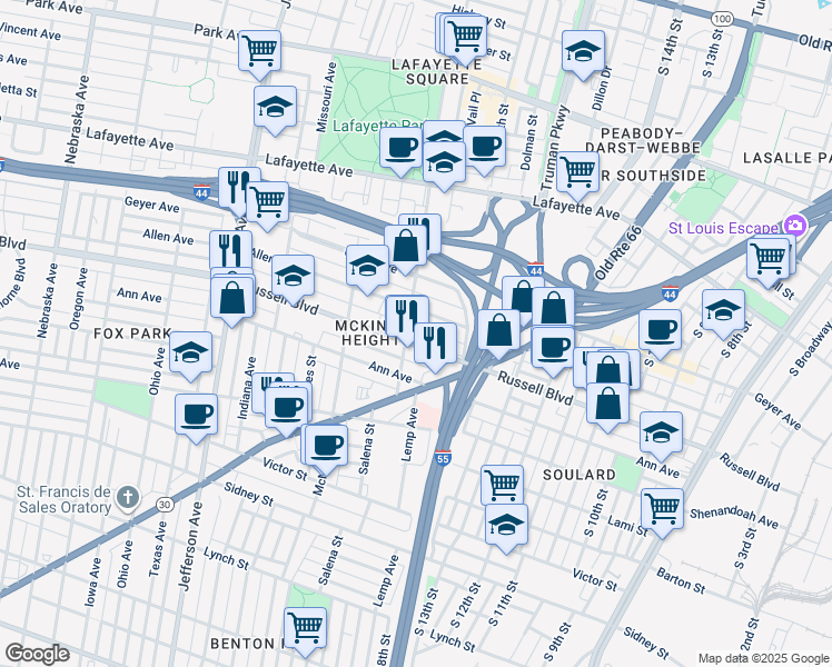 map of restaurants, bars, coffee shops, grocery stores, and more near 1914 Allen Avenue in St. Louis