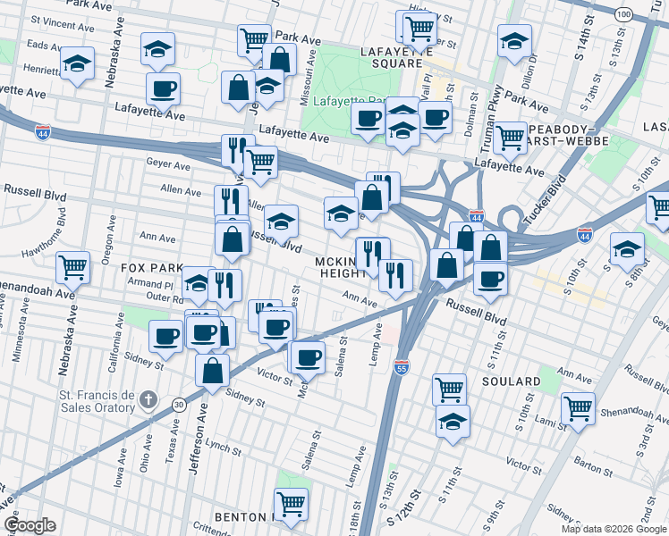 map of restaurants, bars, coffee shops, grocery stores, and more near 2101 Russell Boulevard in St. Louis
