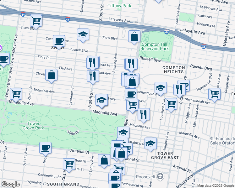 map of restaurants, bars, coffee shops, grocery stores, and more near 3661 Shenandoah Avenue in St. Louis
