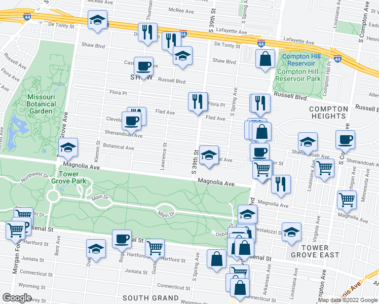 map of restaurants, bars, coffee shops, grocery stores, and more near 3932 Shenandoah Avenue in St. Louis