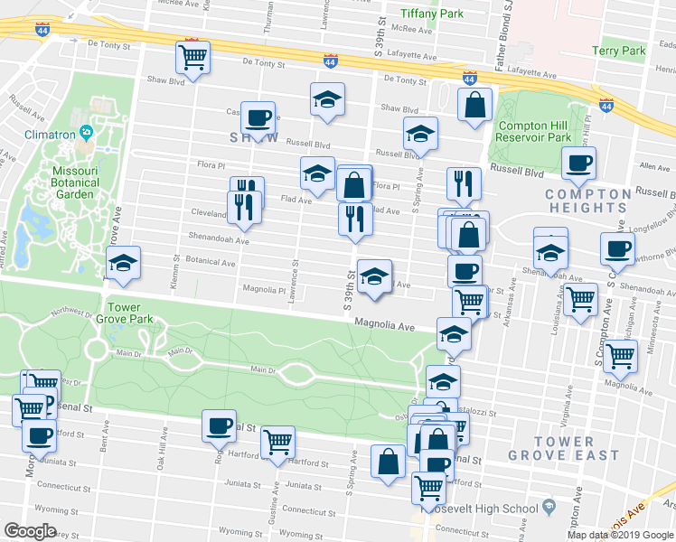 map of restaurants, bars, coffee shops, grocery stores, and more near 3932 Shenandoah Avenue in St. Louis
