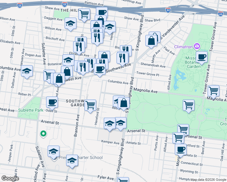 map of restaurants, bars, coffee shops, grocery stores, and more near 4944 Columbia Avenue in St. Louis