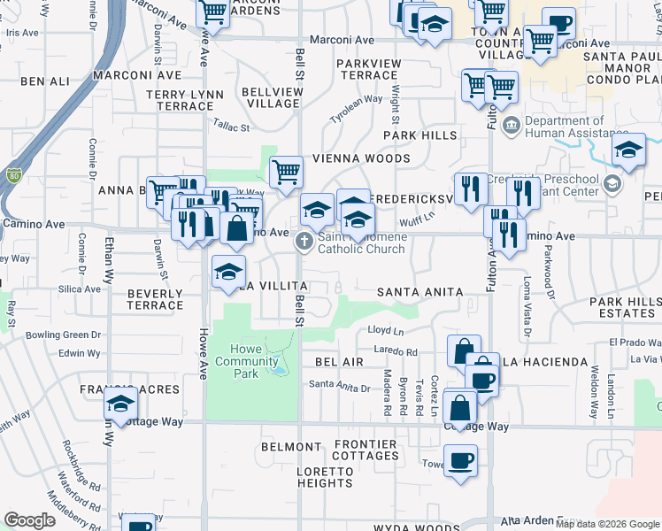 map of restaurants, bars, coffee shops, grocery stores, and more near 2360 El Camino Avenue in Sacramento