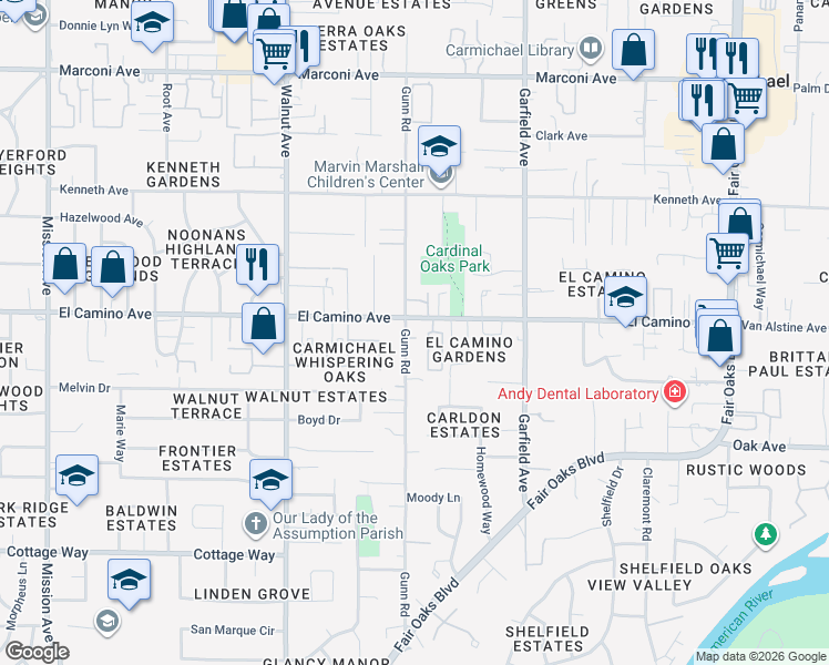 map of restaurants, bars, coffee shops, grocery stores, and more near 5314 El Camino Avenue in Carmichael