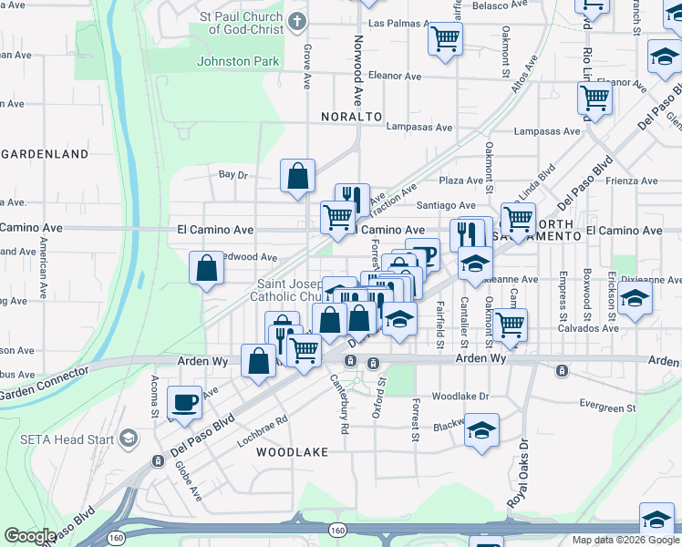 map of restaurants, bars, coffee shops, grocery stores, and more near 374 Redwood Avenue in Sacramento
