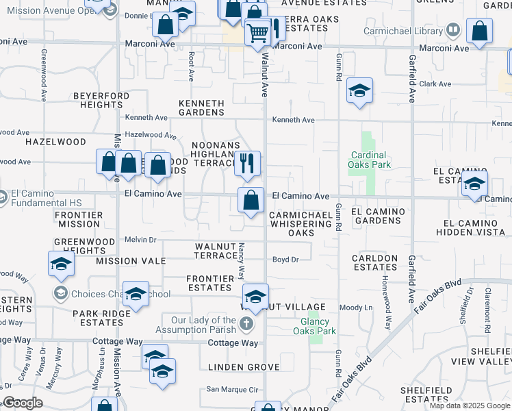 map of restaurants, bars, coffee shops, grocery stores, and more near 5001 Jefferson Lane in Carmichael