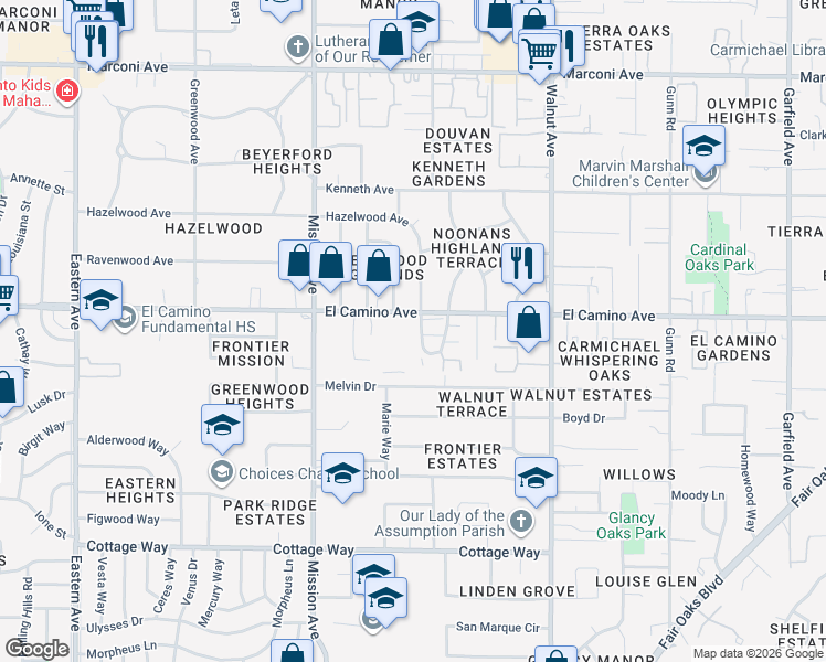 map of restaurants, bars, coffee shops, grocery stores, and more near 2318 Via Camino Avenue in Carmichael