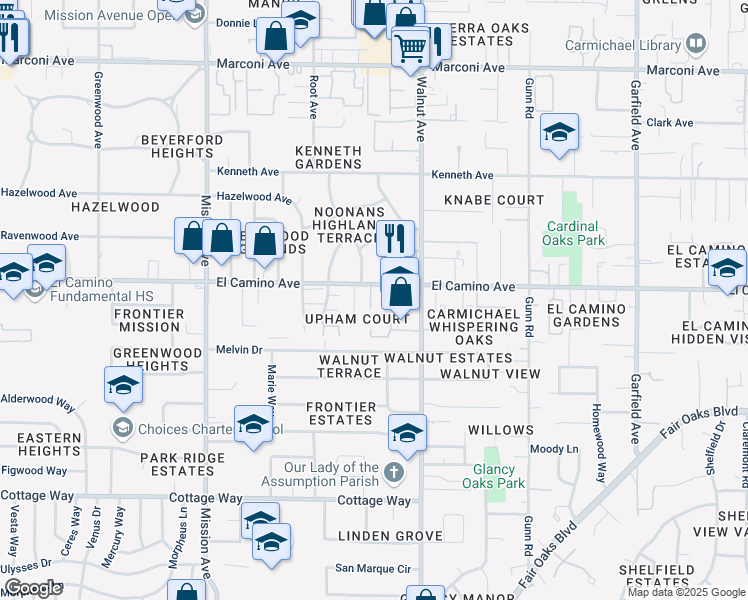 map of restaurants, bars, coffee shops, grocery stores, and more near 4990 El Camino Avenue in Carmichael
