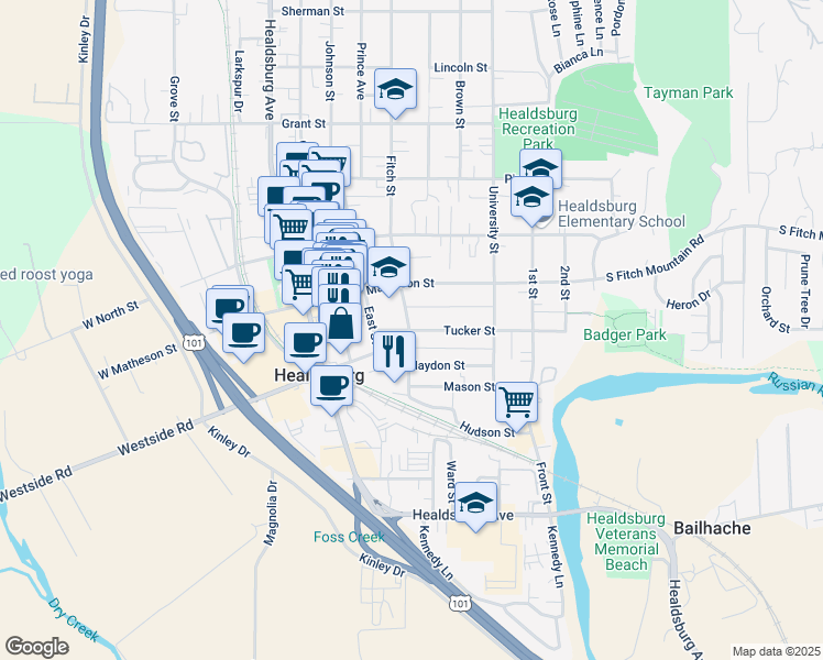 map of restaurants, bars, coffee shops, grocery stores, and more near 300 Tucker Street in Healdsburg