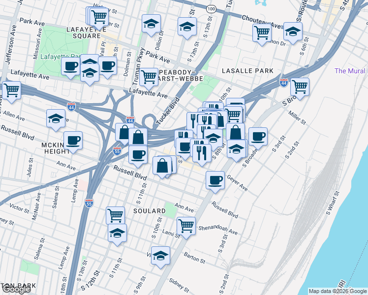 map of restaurants, bars, coffee shops, grocery stores, and more near 1817R South 10th Street in St. Louis