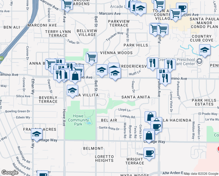 map of restaurants, bars, coffee shops, grocery stores, and more near 2360 El Camino Avenue in Sacramento