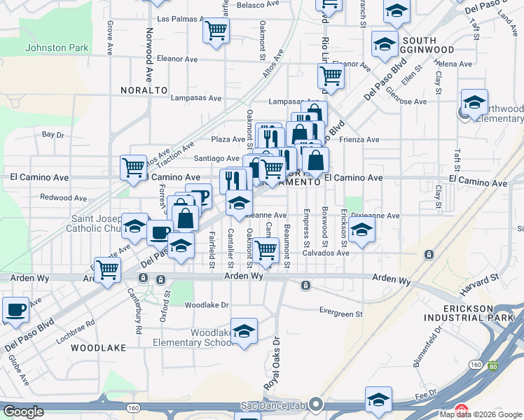 map of restaurants, bars, coffee shops, grocery stores, and more near 2200 Del Paso Boulevard in Sacramento