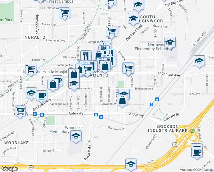 map of restaurants, bars, coffee shops, grocery stores, and more near 2407 Boxwood Street in Sacramento