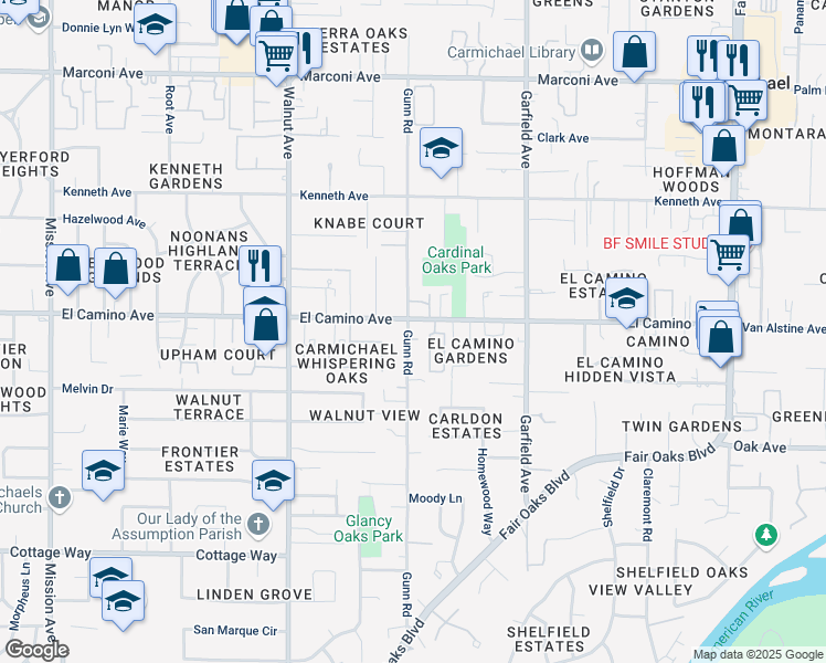 map of restaurants, bars, coffee shops, grocery stores, and more near 5314 El Camino Avenue in Carmichael