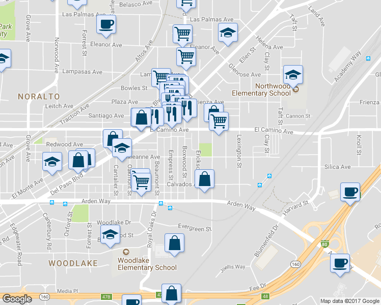 map of restaurants, bars, coffee shops, grocery stores, and more near 2440 Boxwood Street in Sacramento