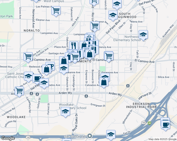 map of restaurants, bars, coffee shops, grocery stores, and more near 2439 Empress Street in Sacramento