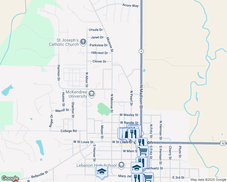 map of restaurants, bars, coffee shops, grocery stores, and more near 700 Leann Drive in Lebanon