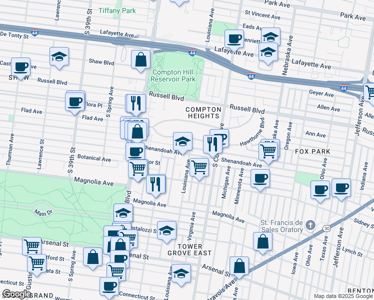 map of restaurants, bars, coffee shops, grocery stores, and more near 3434 Hawthorne Boulevard in St. Louis