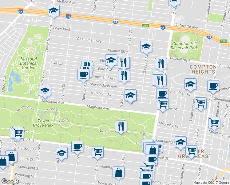 map of restaurants, bars, coffee shops, grocery stores, and more near 3932 Shenandoah Avenue in St. Louis