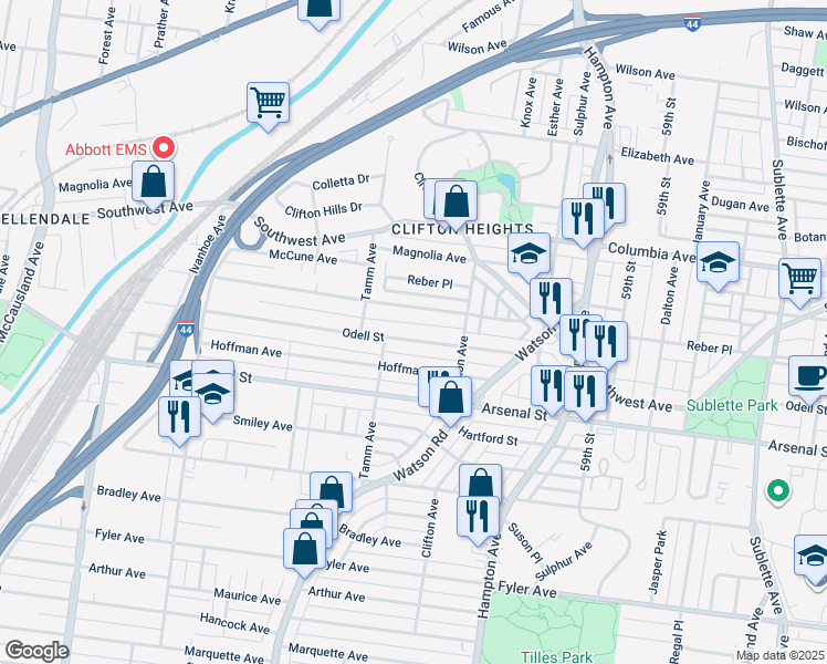 map of restaurants, bars, coffee shops, grocery stores, and more near 6272 Marmaduke Avenue in St. Louis