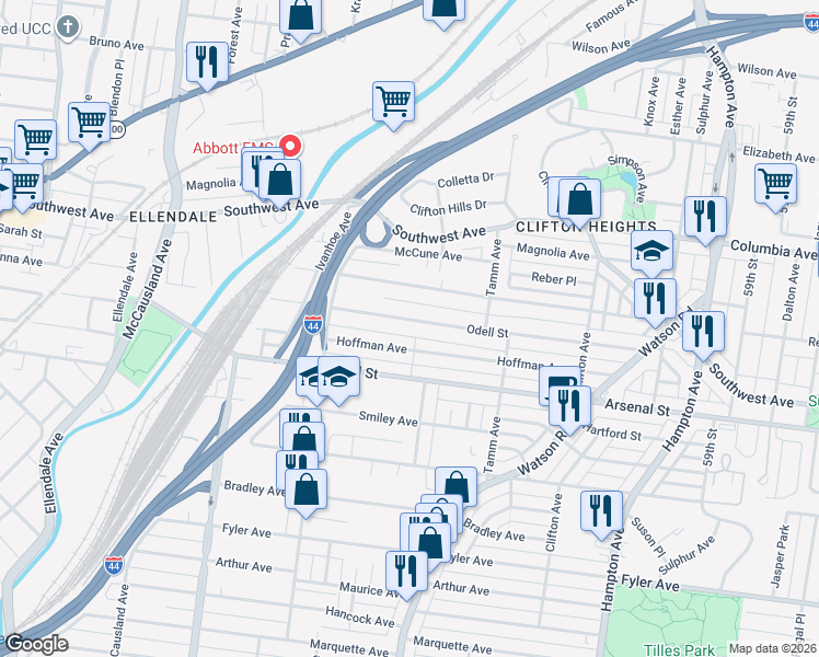 map of restaurants, bars, coffee shops, grocery stores, and more near 6553 Odell Street in St. Louis