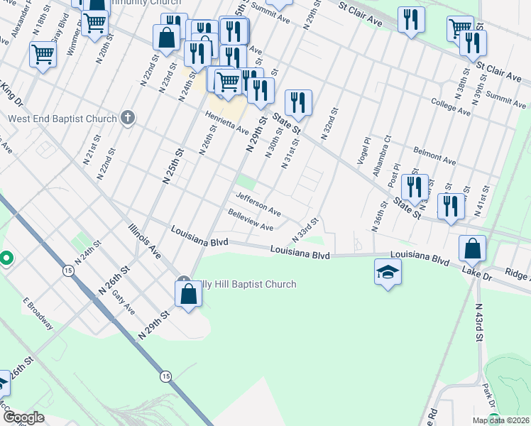 map of restaurants, bars, coffee shops, grocery stores, and more near 3011 Jefferson Avenue in East St. Louis