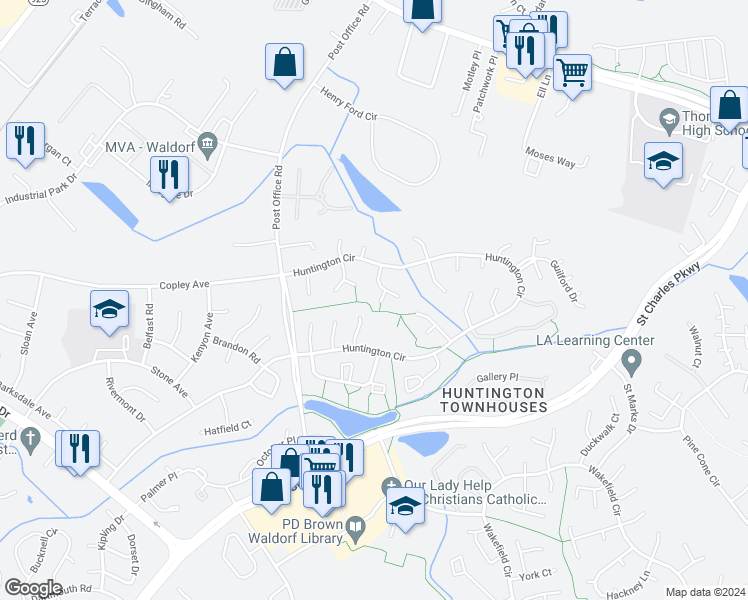 map of restaurants, bars, coffee shops, grocery stores, and more near 3069 Donegal Court in Waldorf
